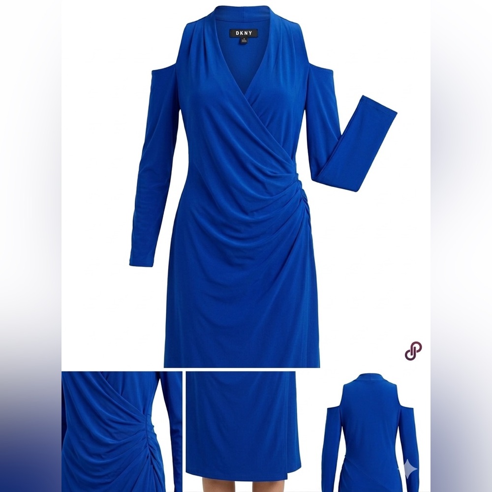 DKNY Cobalt Blue Cold-Shoulder Wrap-Style Long Sleeve Dress